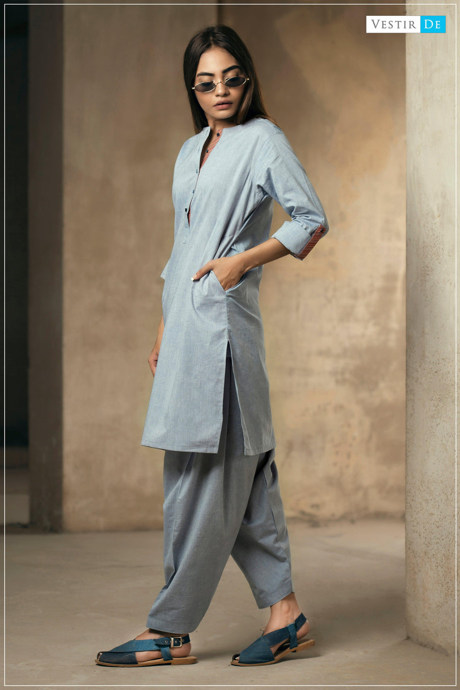 Denim Blue Chambray Shalwar Kameez - Vestir De