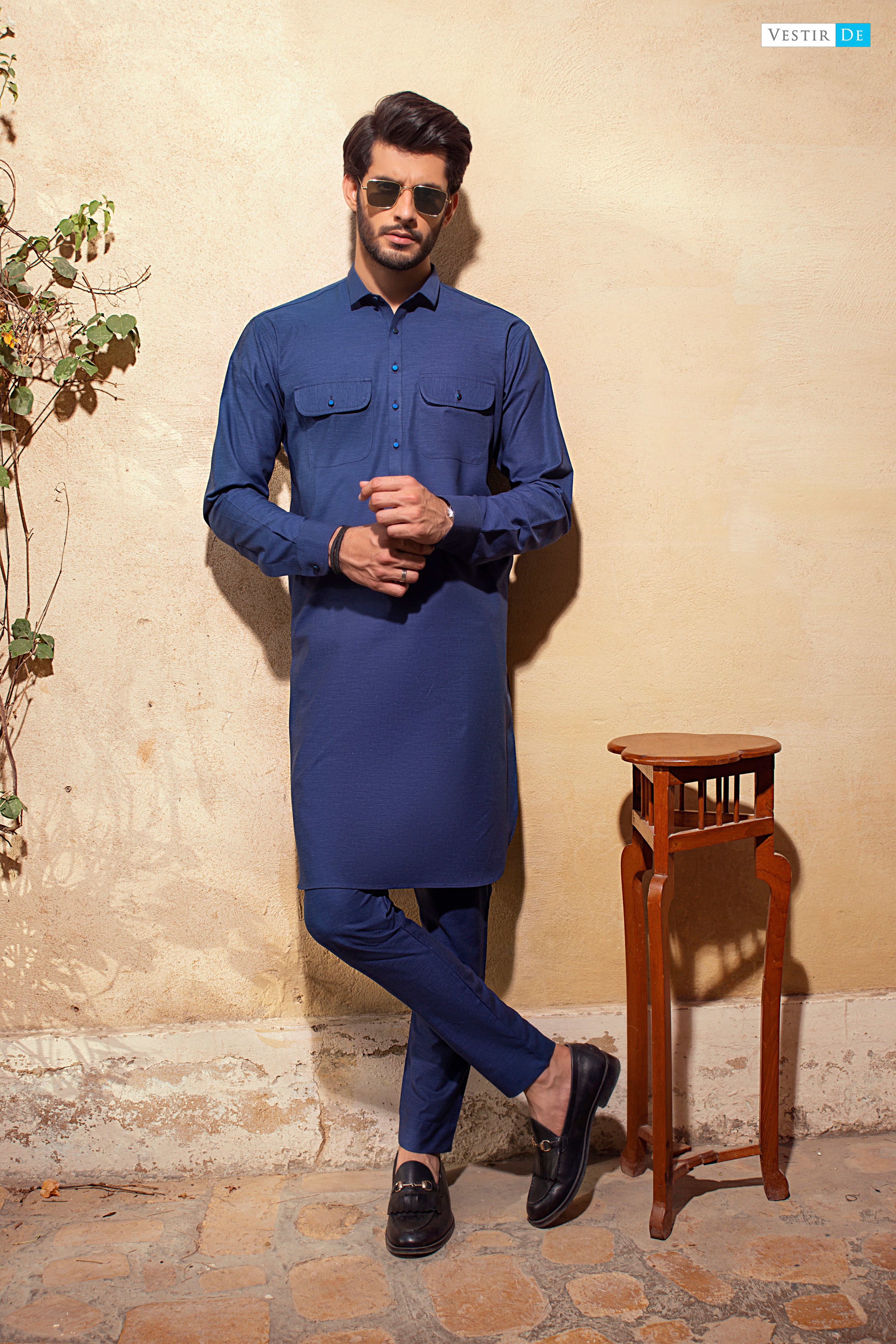 09 Blue Textured Egyptian Cotton Kurta With Trouser