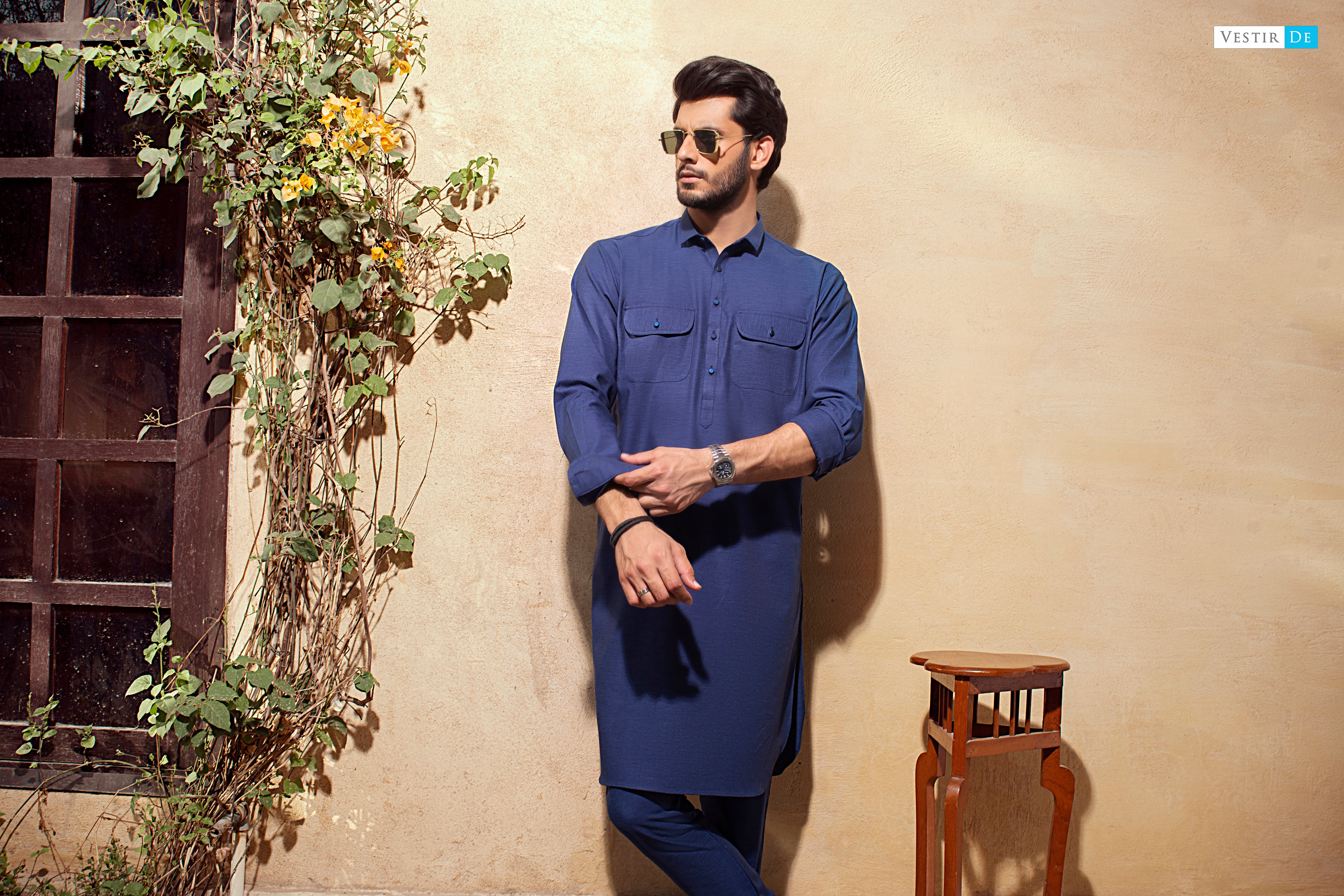 09 Blue Textured Egyptian Cotton Kurta With Trouser
