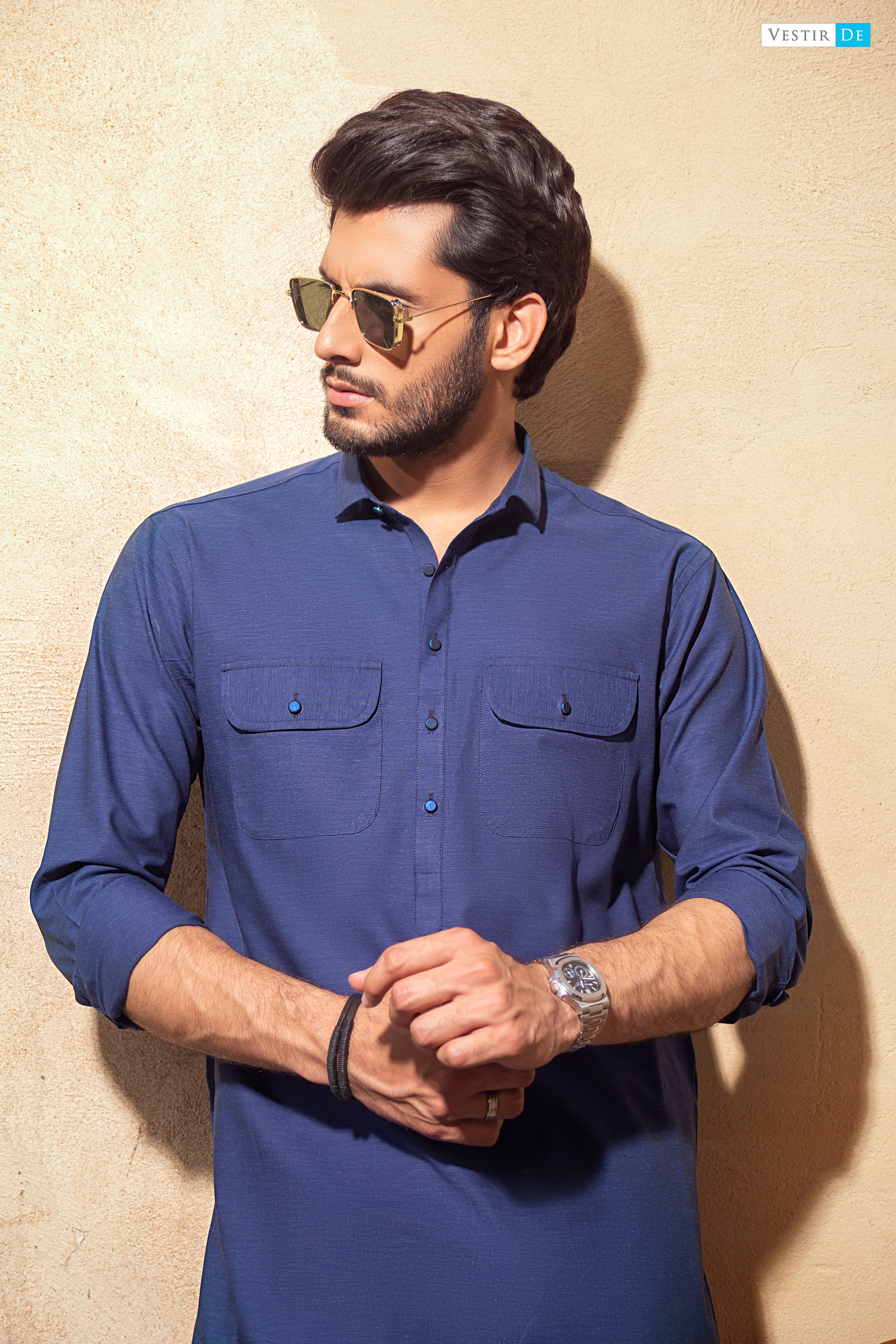 09 Blue Textured Egyptian Cotton Kurta With Trouser
