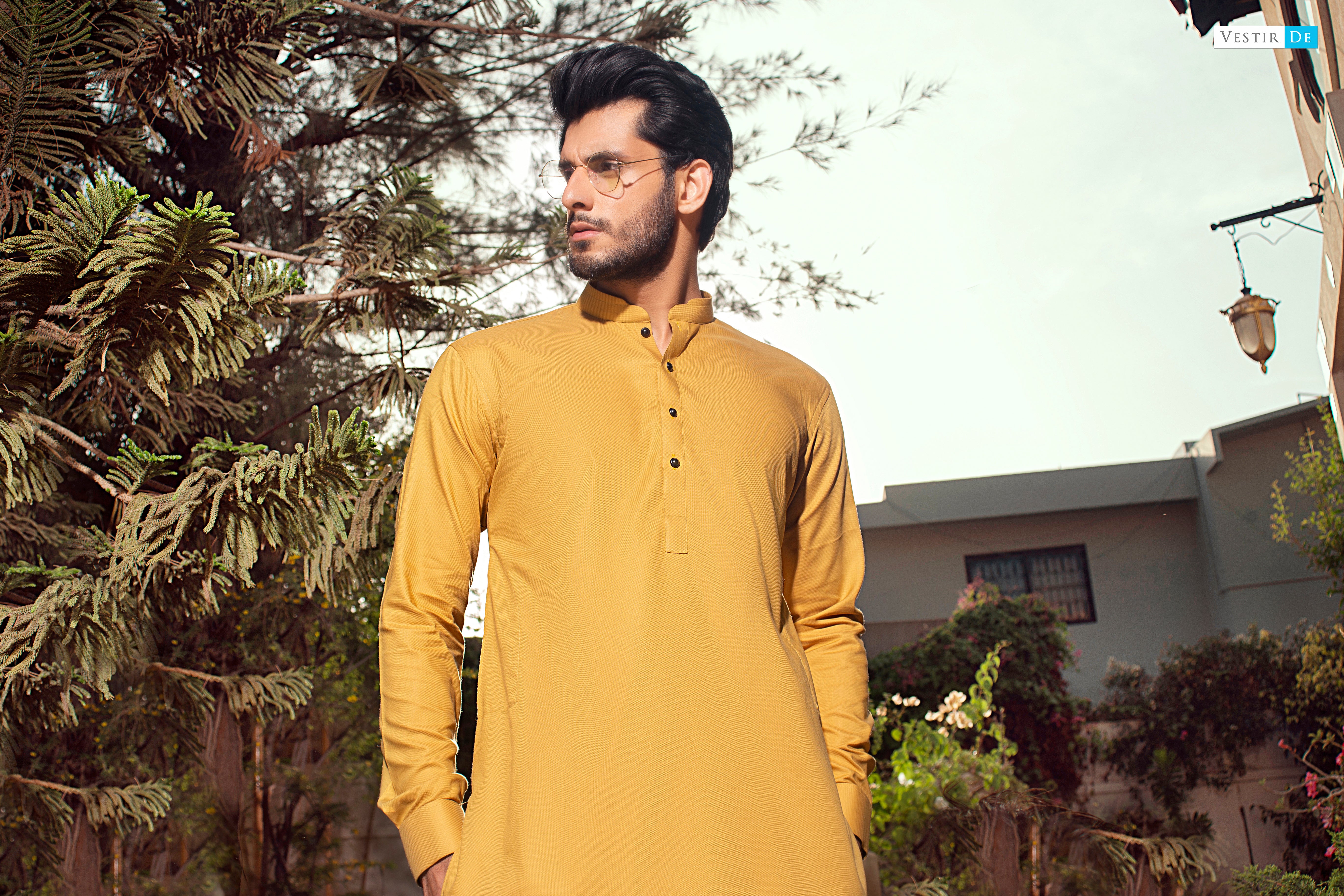 07 Mustard Textured Egyptian Cotton Kurta With Trouser