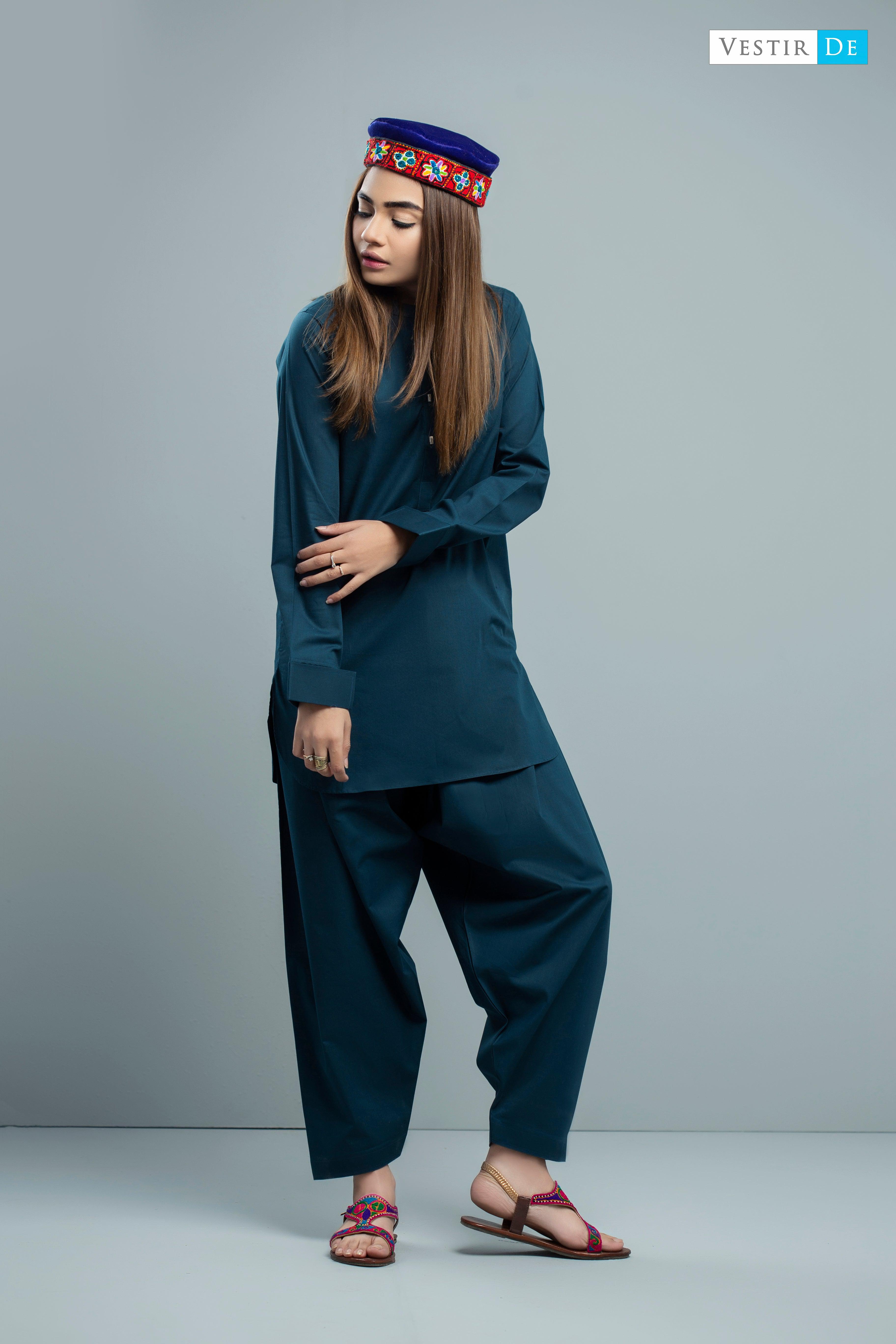 Teal Cotton Shalwar Kameez - Vestir De
