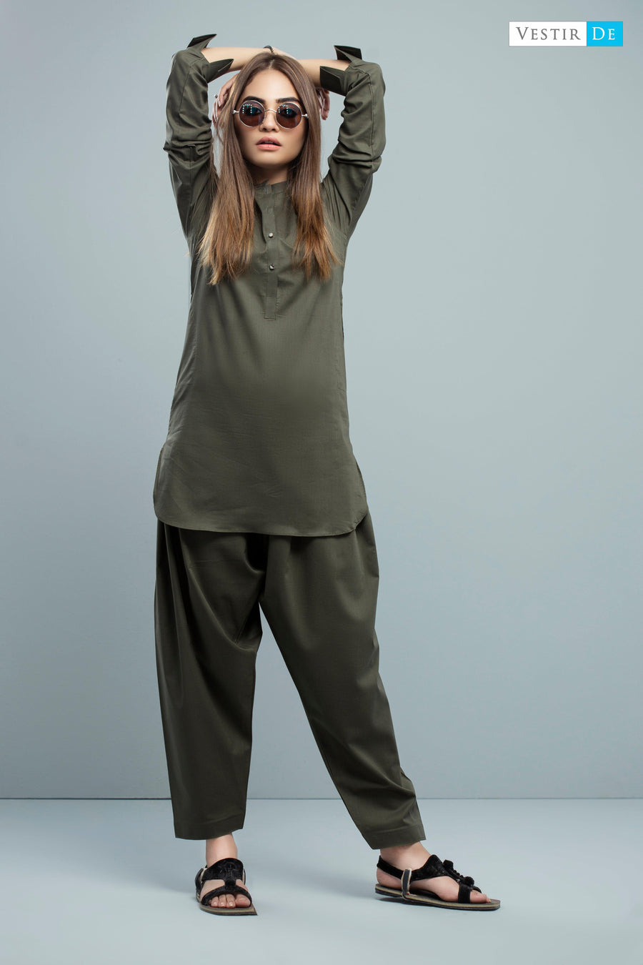 Olive Green Cotton Shalwar Kameez - Vestir De