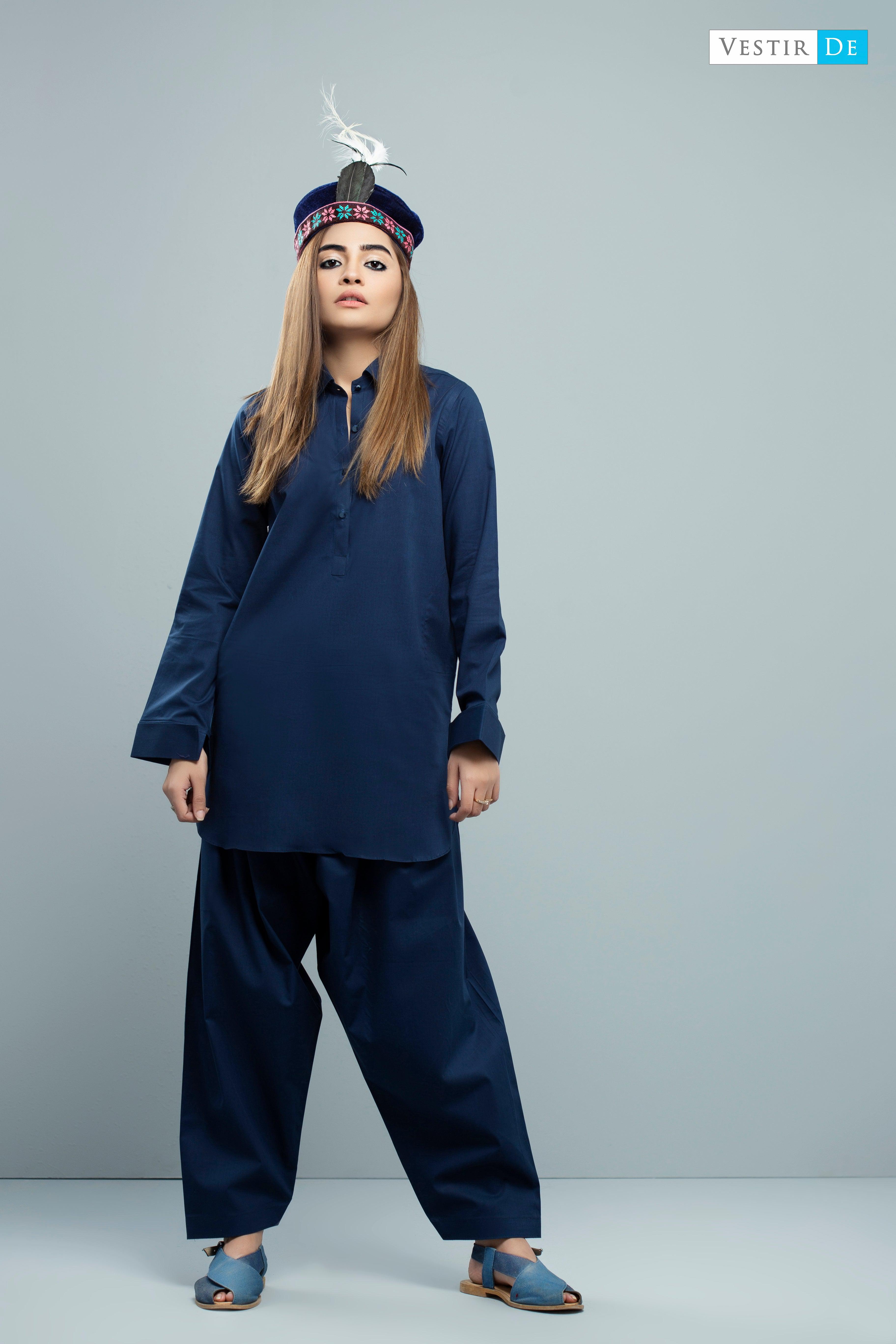 Navy Blue Cotton Shalwar Kameez - Vestir De