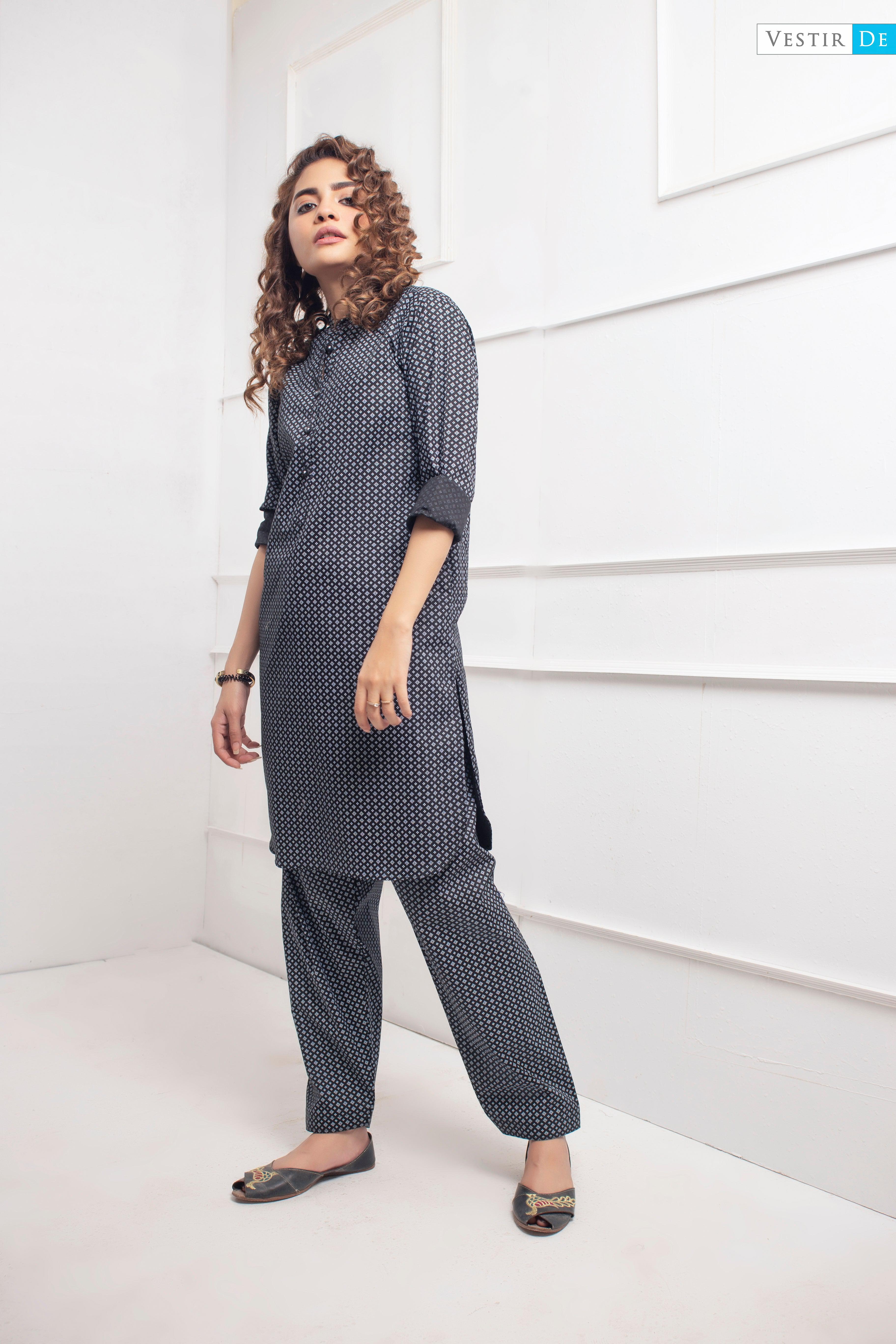 Black Multi Texture Printed Shalwar Kameez - Vestir De