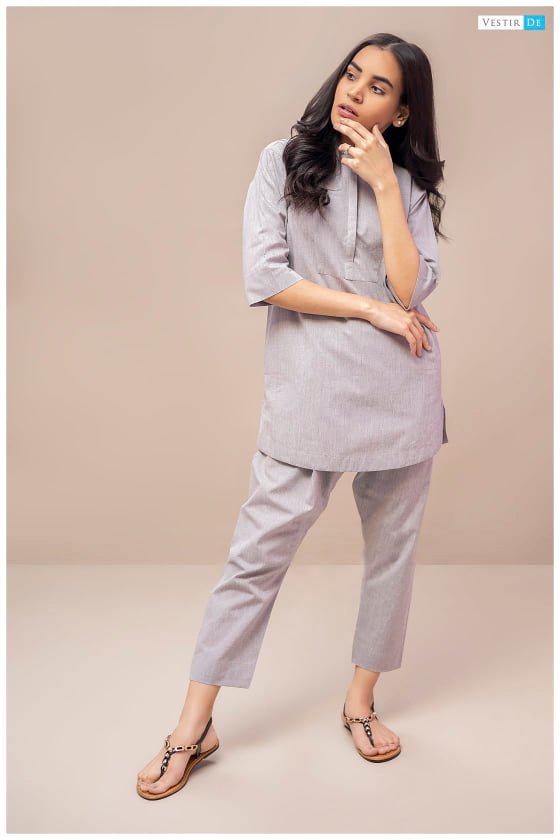 Ladies Grey Chambray Cotton Kurti With Shalwar