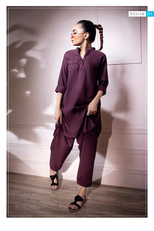 Mehroon Front Pockets Shalwar Kameez - Vestir De