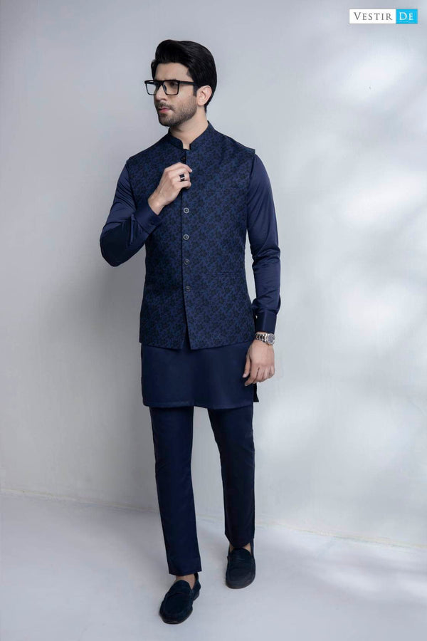 Navy Kurta Trouser With Navy Printed  Waistcoat