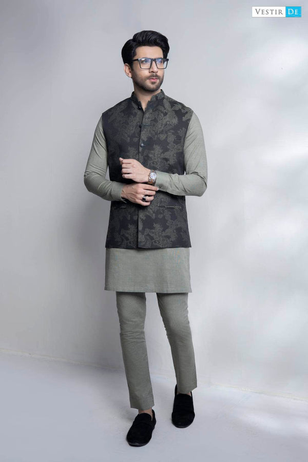 Olive Green Kurta Trouser With Olive Printed Waistcoat