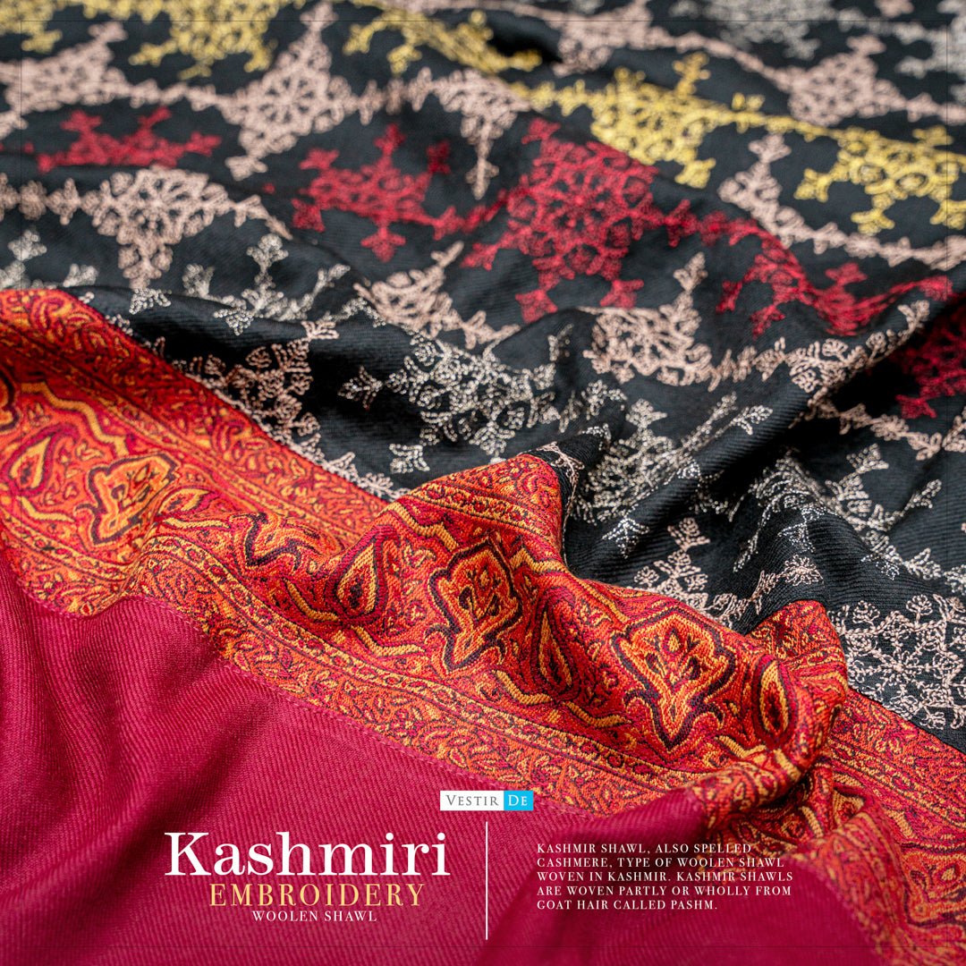 Kashmiri Embroidery Woolen Shawl Black