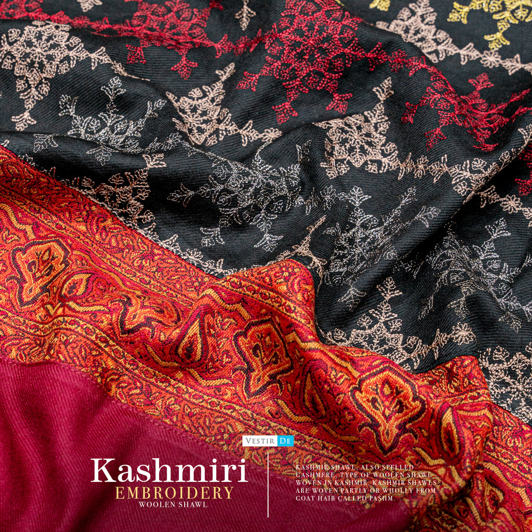 Kashmiri Embroidery Woolen Shawl Black