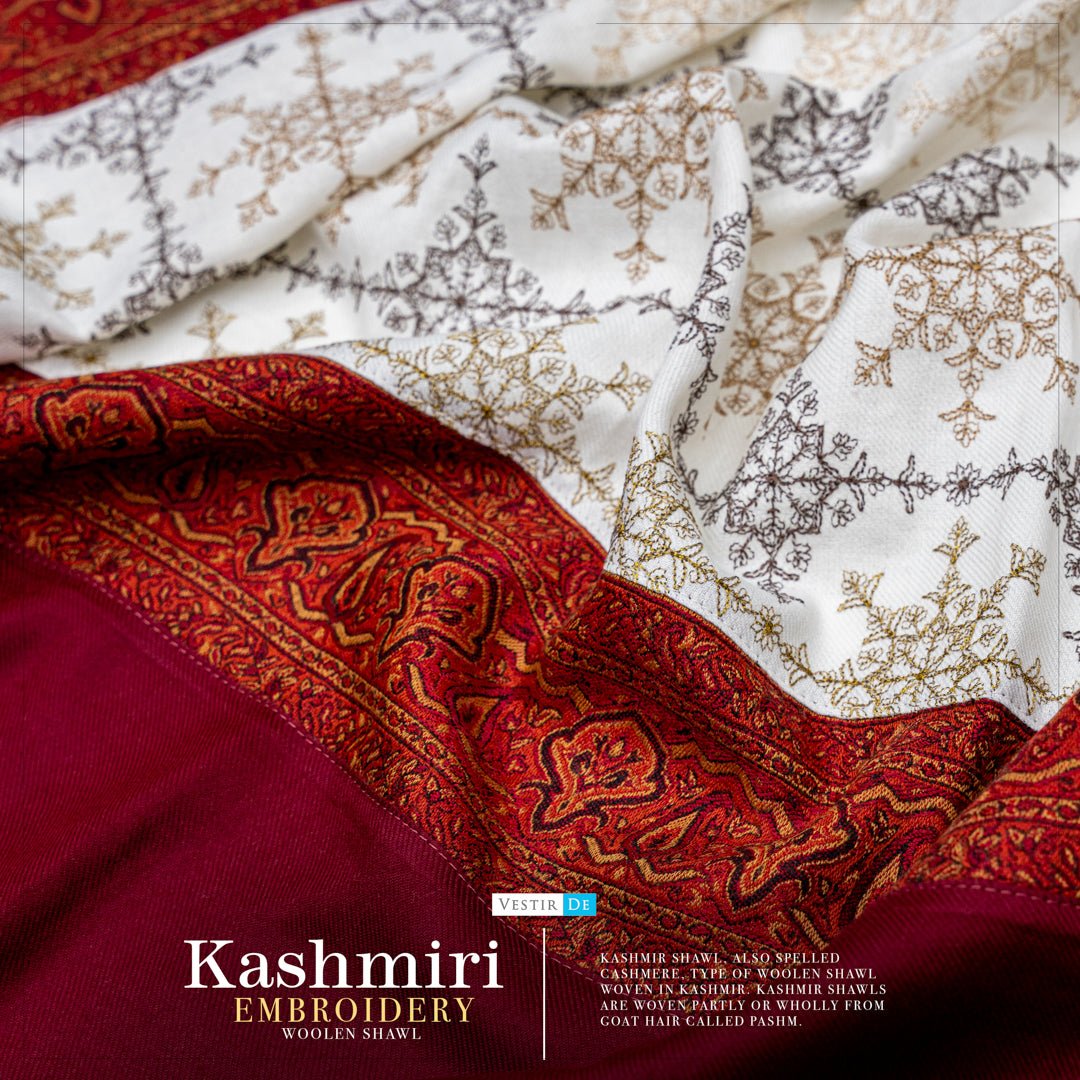 Kashmiri Embroidery Woolen Shawl White