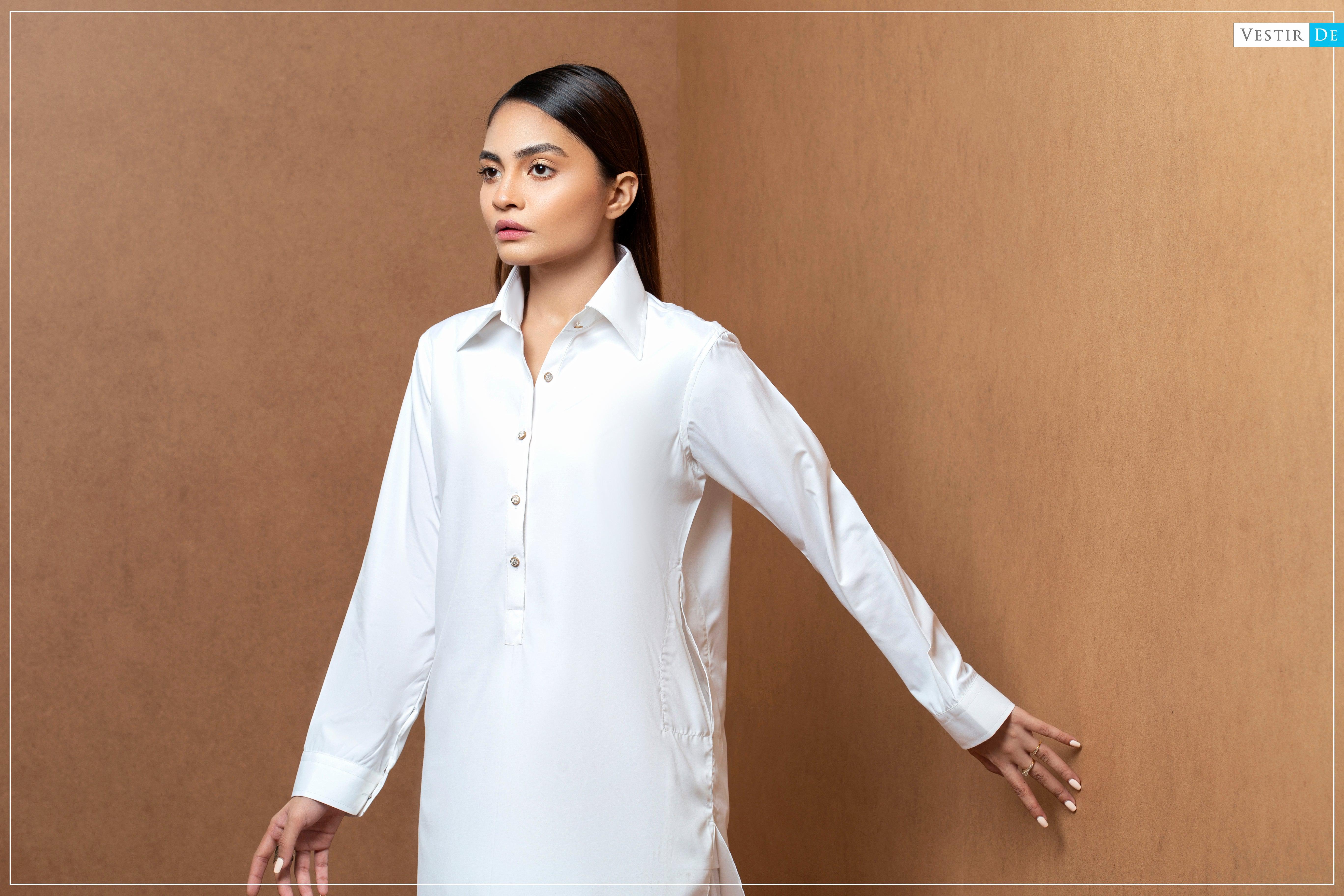 Creamy White Shirt Collor Shalwar Kameez - Vestir De