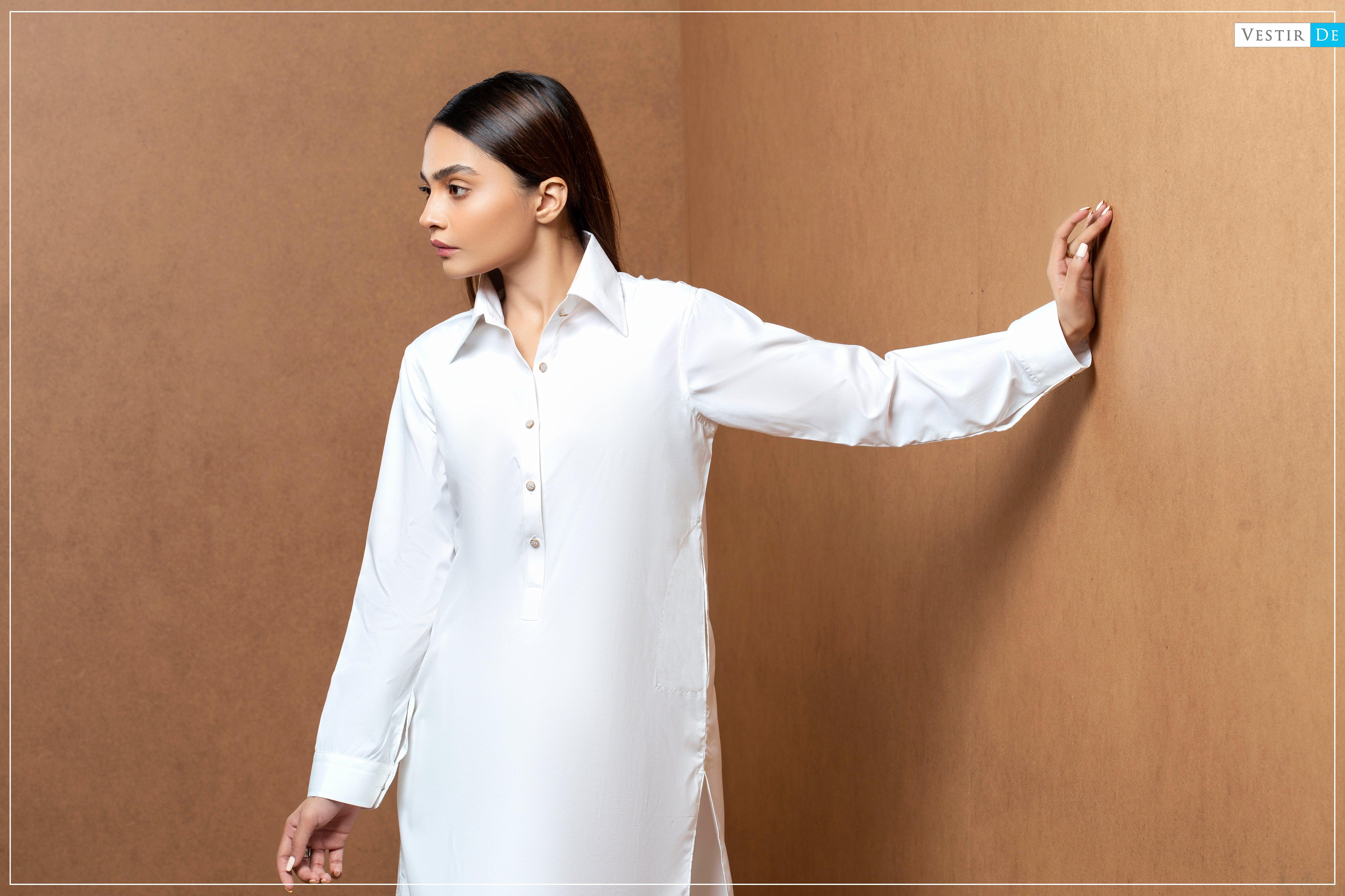 Creamy White Shirt Collor Shalwar Kameez - Vestir De