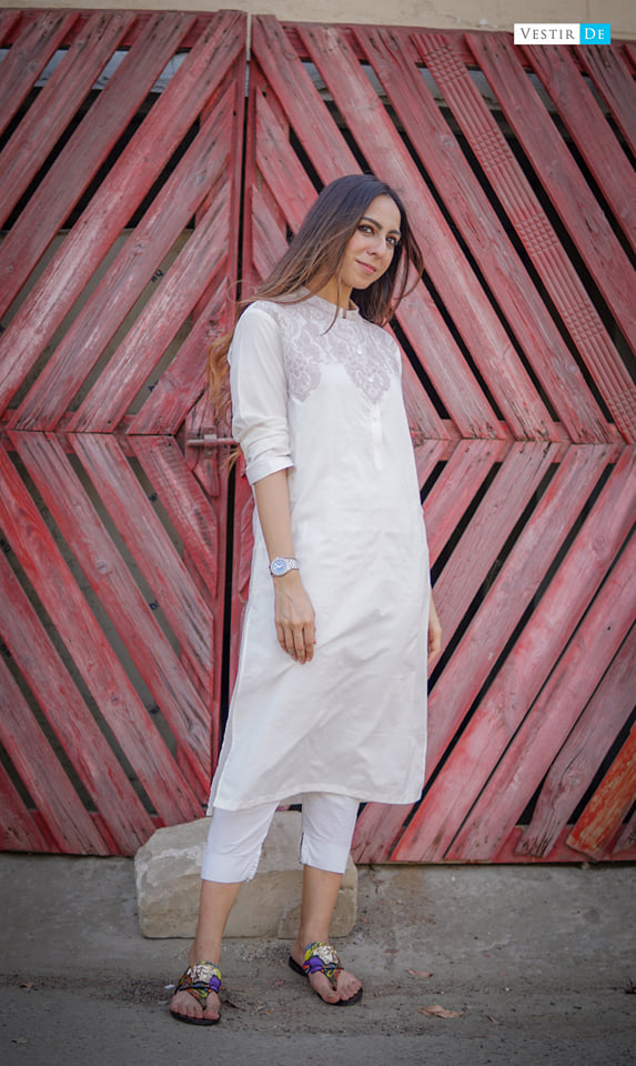 White Kurta With Skin Embriodery With Trouser (FM)
