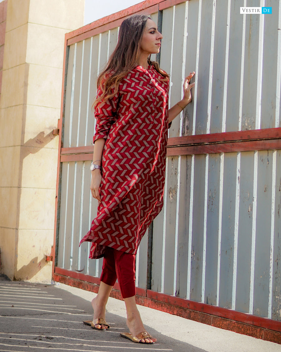 Red Jacquard Kurta With Trouser